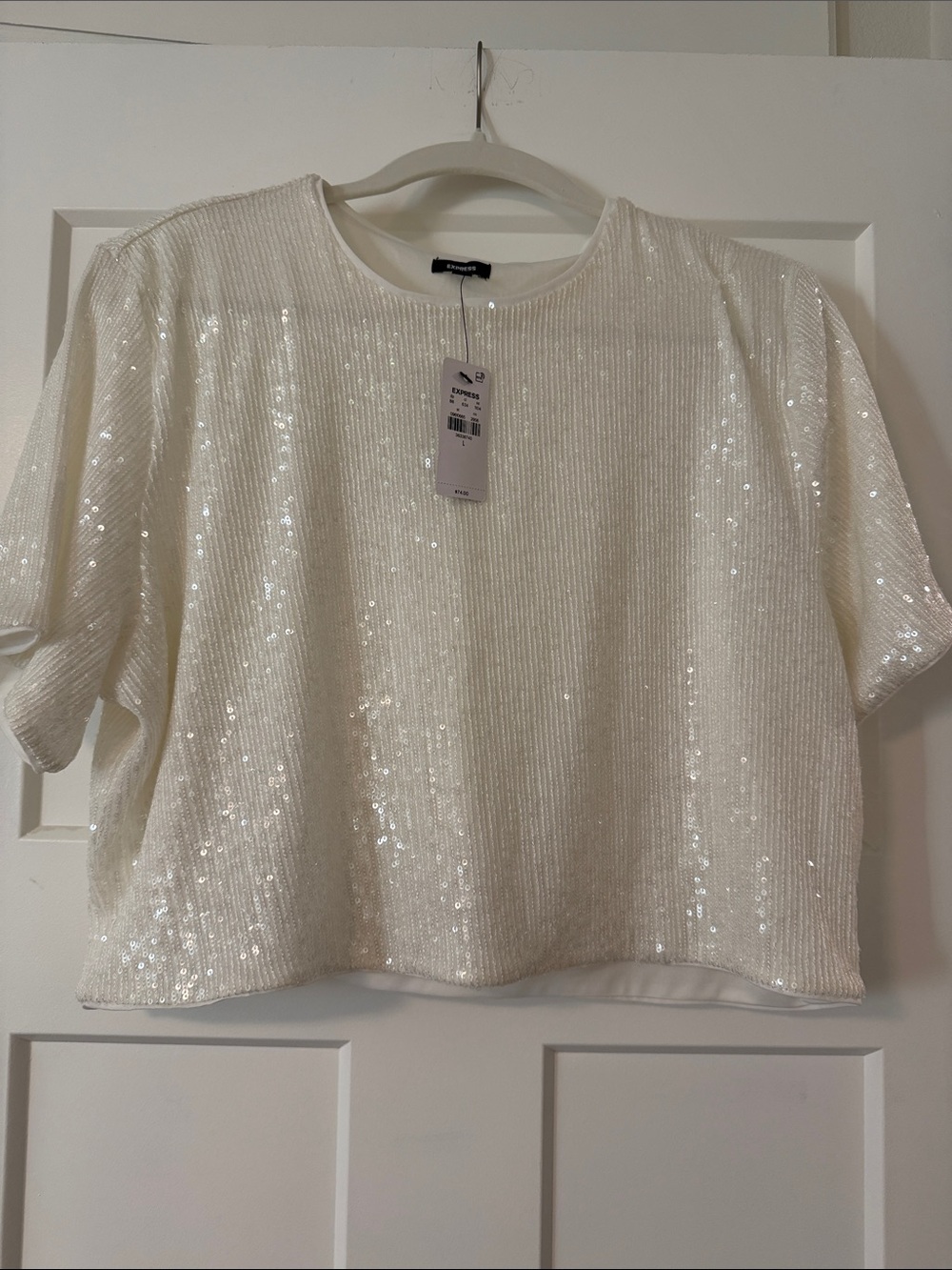 Express Cream Sequin Short Sleeve Crop Top
